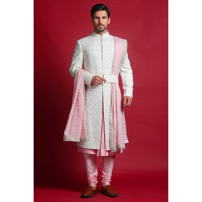 CHAR CHAAND White Embroidered Sherwani Set