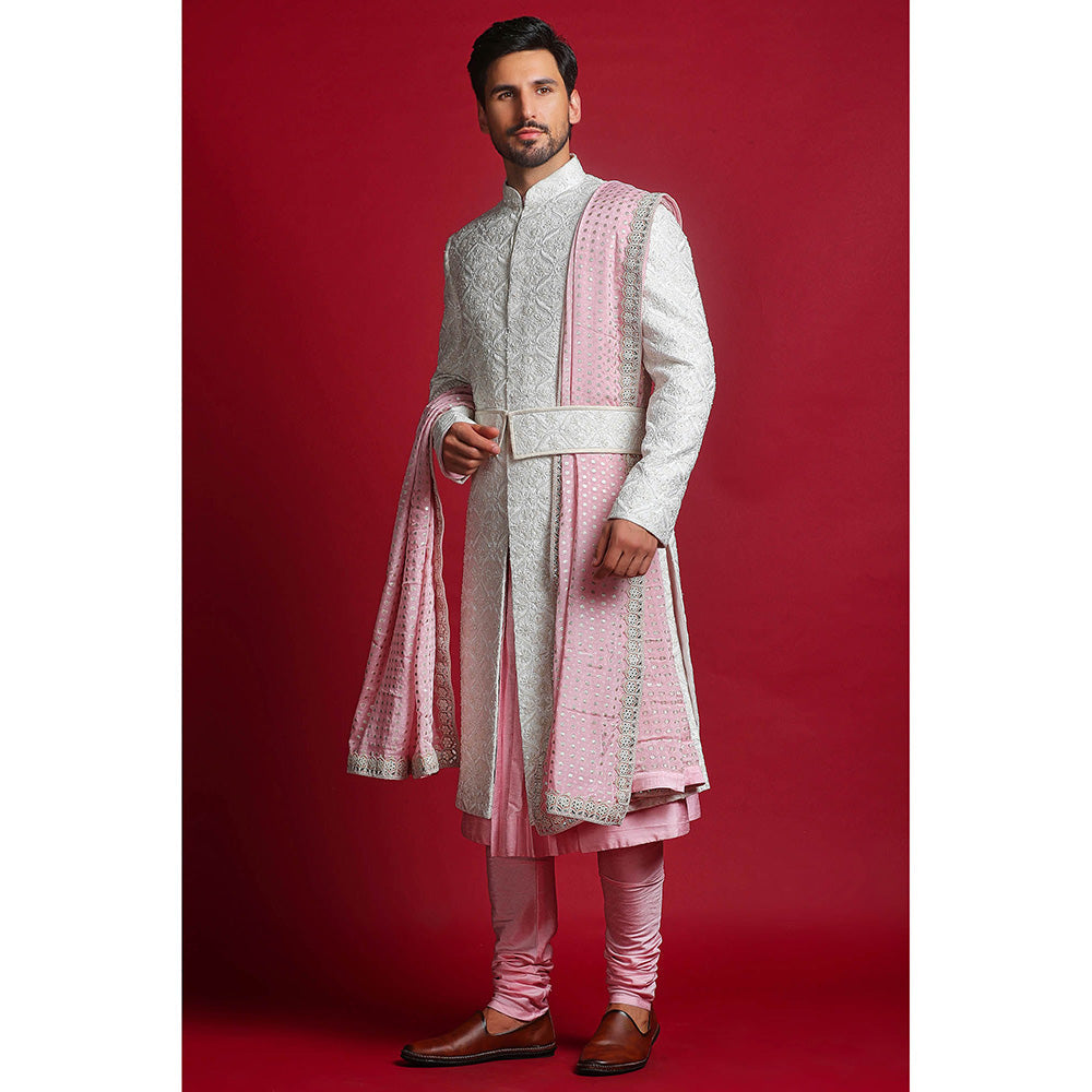 CHAR CHAAND White Embroidered Sherwani Set
