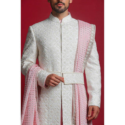 CHAR CHAAND White Embroidered Sherwani Set