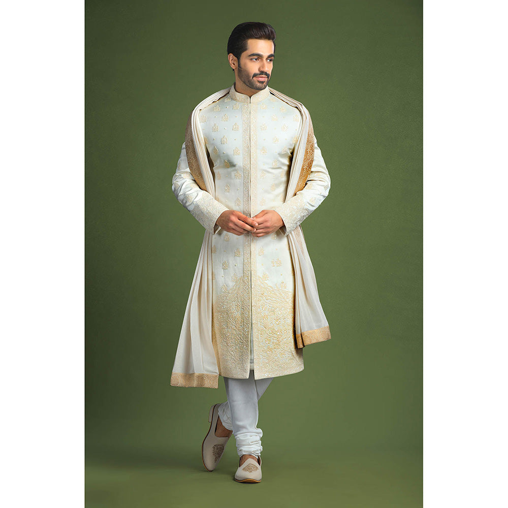 CHAR CHAAND White Heritage Linen Sherwani Set