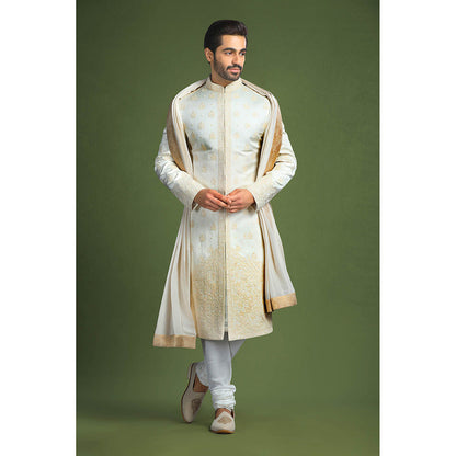 CHAR CHAAND White Heritage Linen Sherwani Set