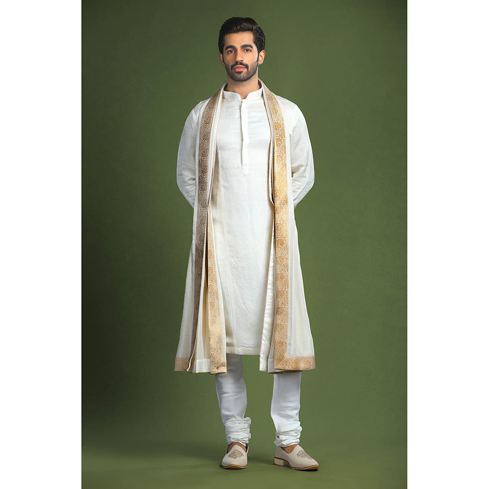 CHAR CHAAND White Heritage Linen Sherwani Set
