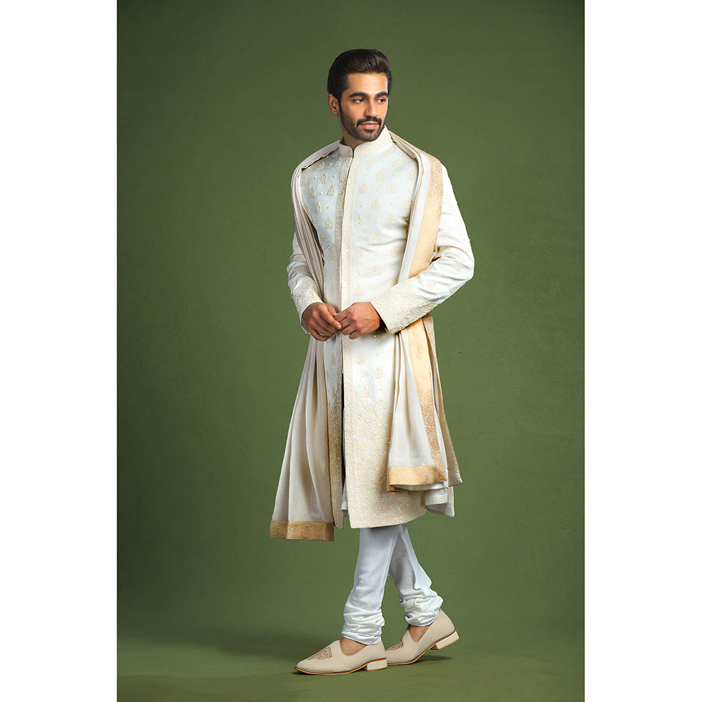 CHAR CHAAND White Heritage Linen Sherwani Set