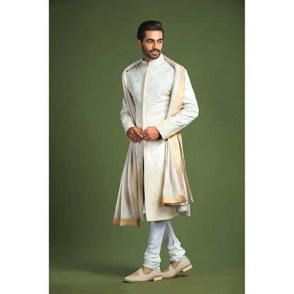 CHAR CHAAND White Heritage Linen Sherwani Set