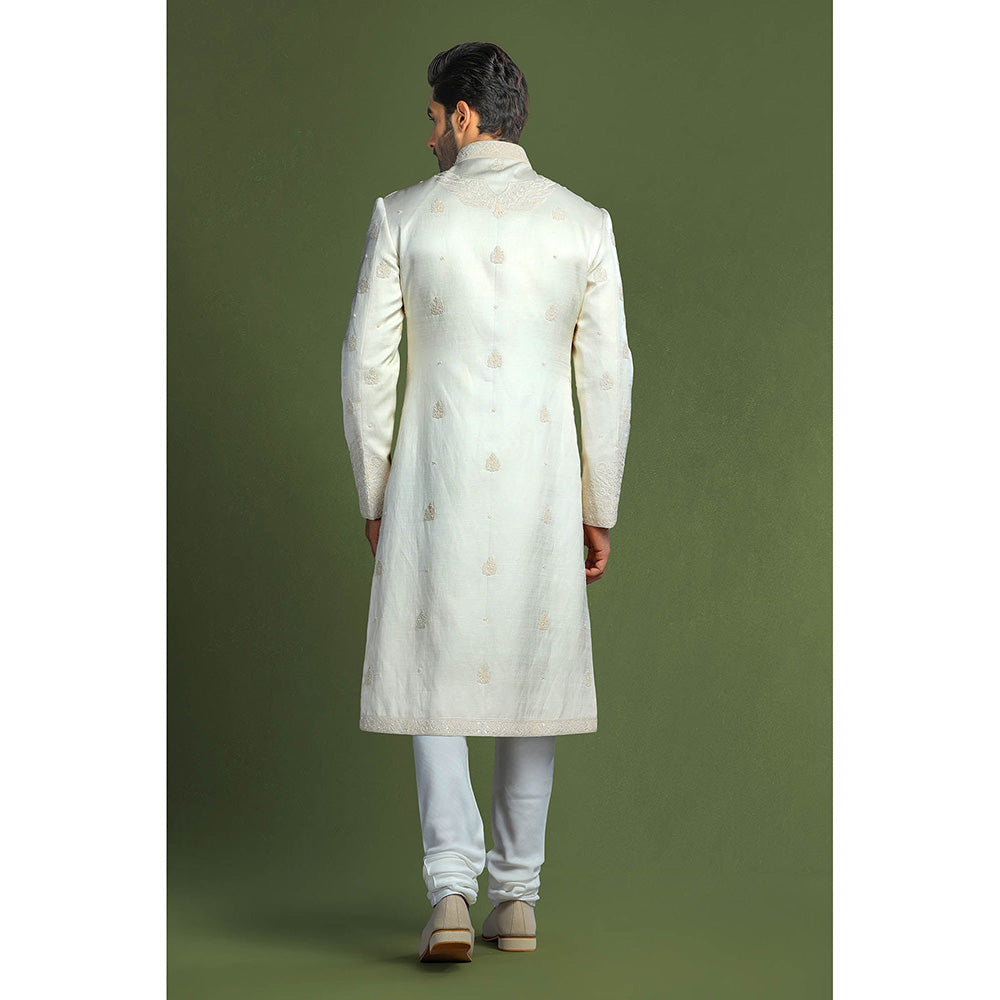 CHAR CHAAND White Heritage Linen Sherwani Set