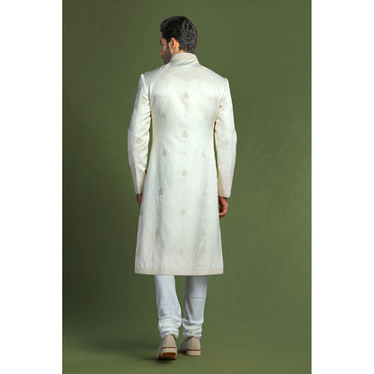 CHAR CHAAND White Heritage Linen Sherwani Set