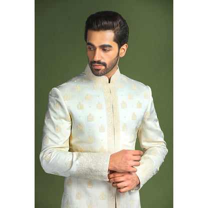 CHAR CHAAND White Heritage Linen Sherwani Set