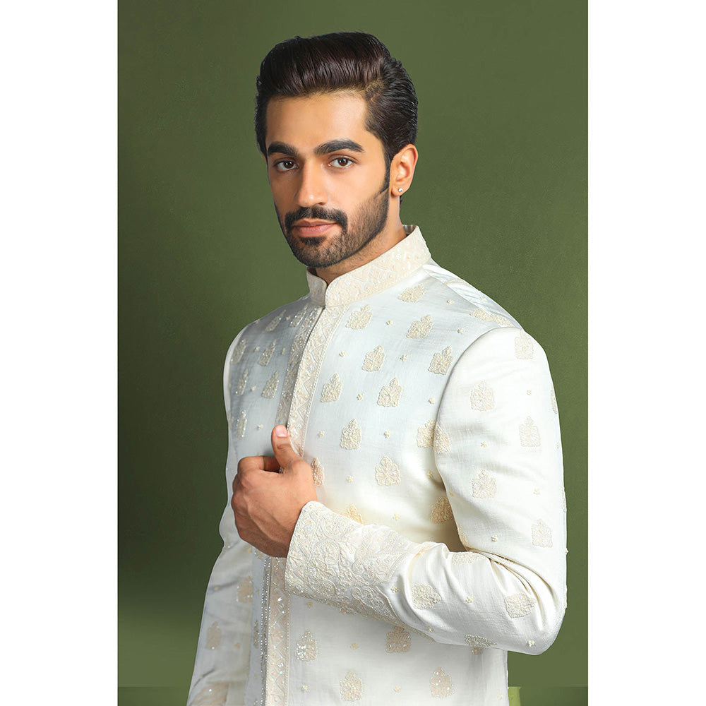 CHAR CHAAND White Heritage Linen Sherwani Set