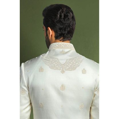 CHAR CHAAND White Heritage Linen Sherwani Set