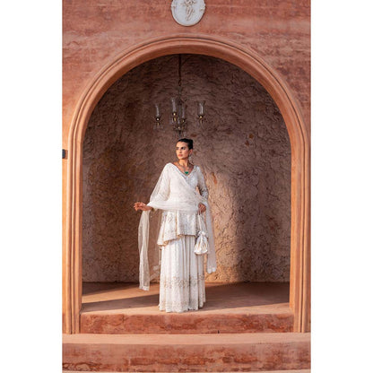 CHAR CHAAND Women Georgette Sequined White Kurti with Sharara and Dupatta Potli Bag