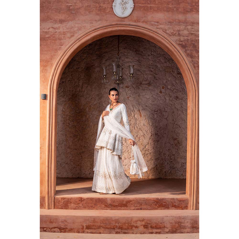 CHAR CHAAND Women Georgette Sequined White Kurti with Sharara and Dupatta Potli Bag