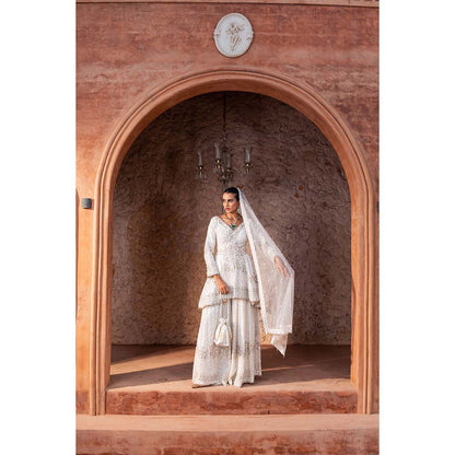 CHAR CHAAND Women Georgette Sequined White Kurti with Sharara and Dupatta Potli Bag
