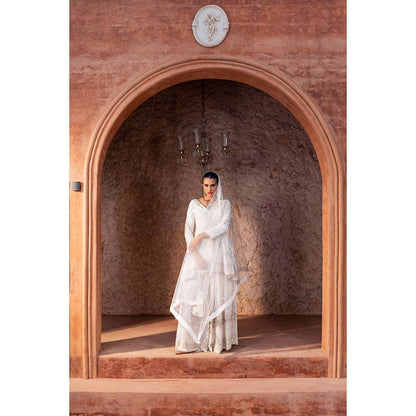 CHAR CHAAND Women Georgette Sequined White Kurti with Sharara and Dupatta Potli Bag