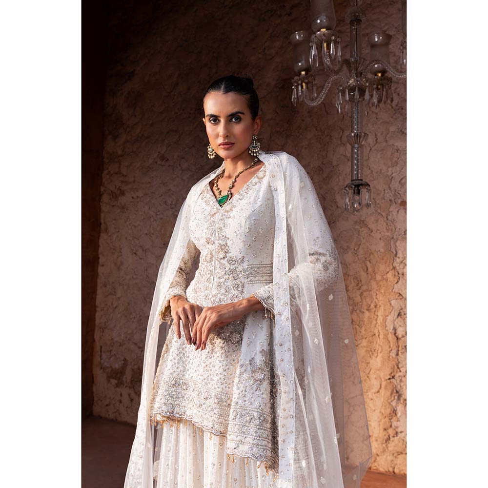 CHAR CHAAND Women Georgette Sequined White Kurti with Sharara and Dupatta Potli Bag