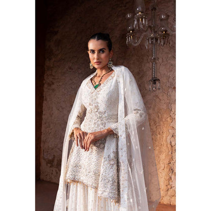 CHAR CHAAND Women Georgette Sequined White Kurti with Sharara and Dupatta Potli Bag