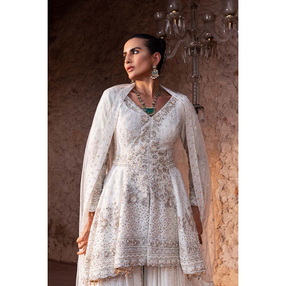 CHAR CHAAND Women Georgette Sequined White Kurti with Sharara and Dupatta Potli Bag