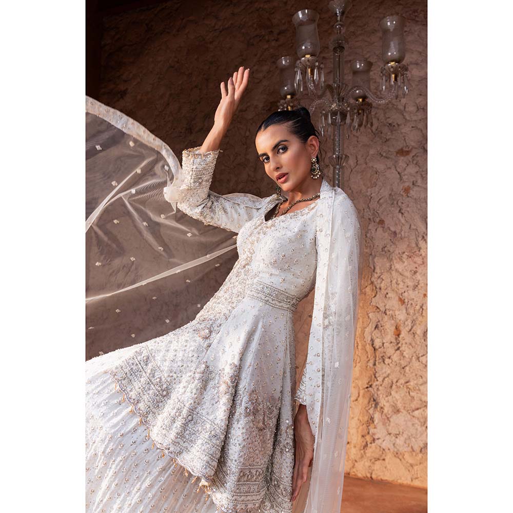 CHAR CHAAND Women Georgette Sequined White Kurti with Sharara and Dupatta Potli Bag
