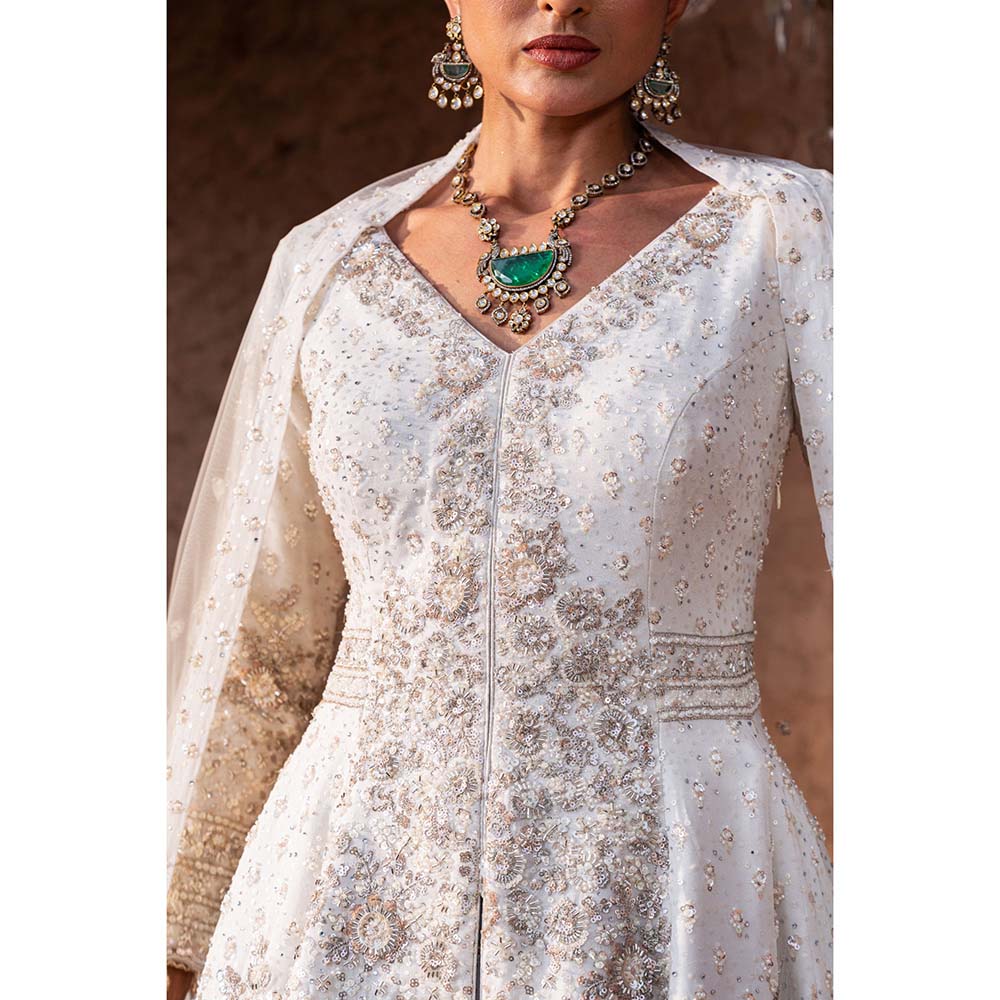 CHAR CHAAND Women Georgette Sequined White Kurti with Sharara and Dupatta Potli Bag