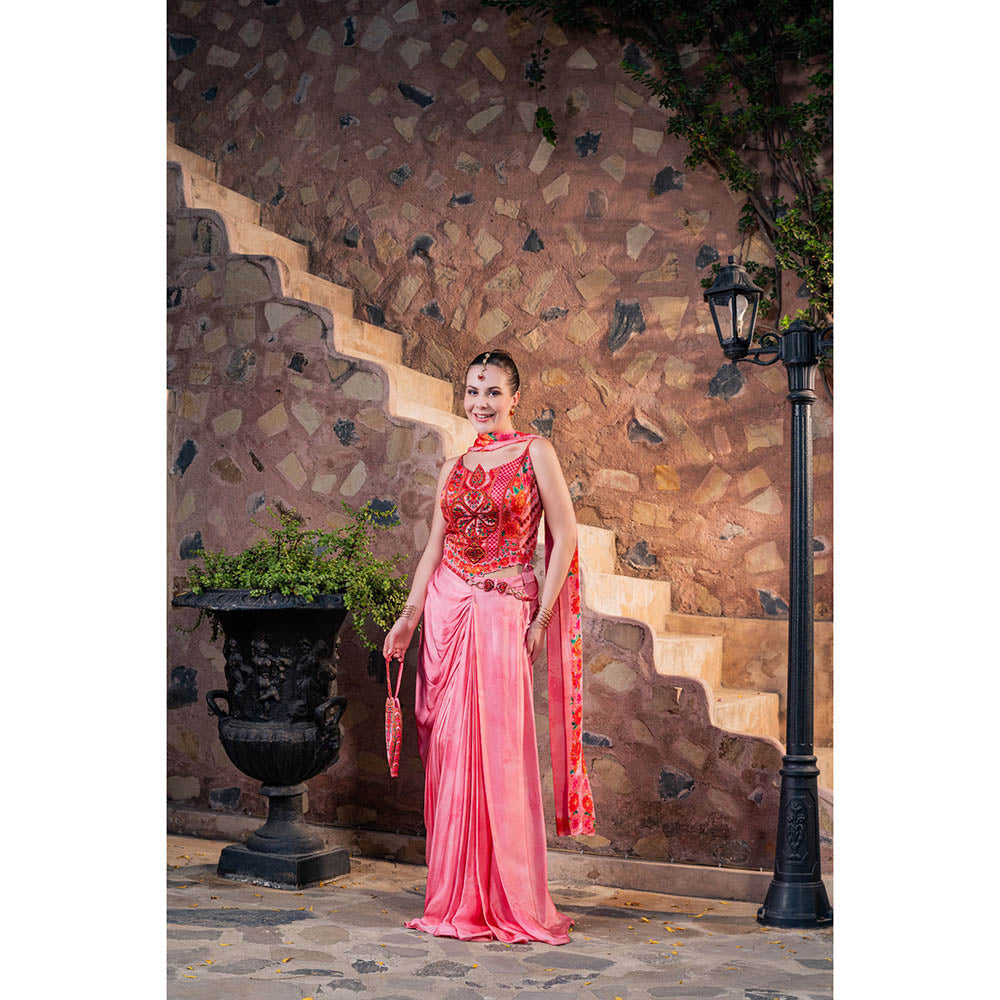 CHAR CHAAND Women Satin Printed Pink Top with Skirt and Dupatta Potli Bag