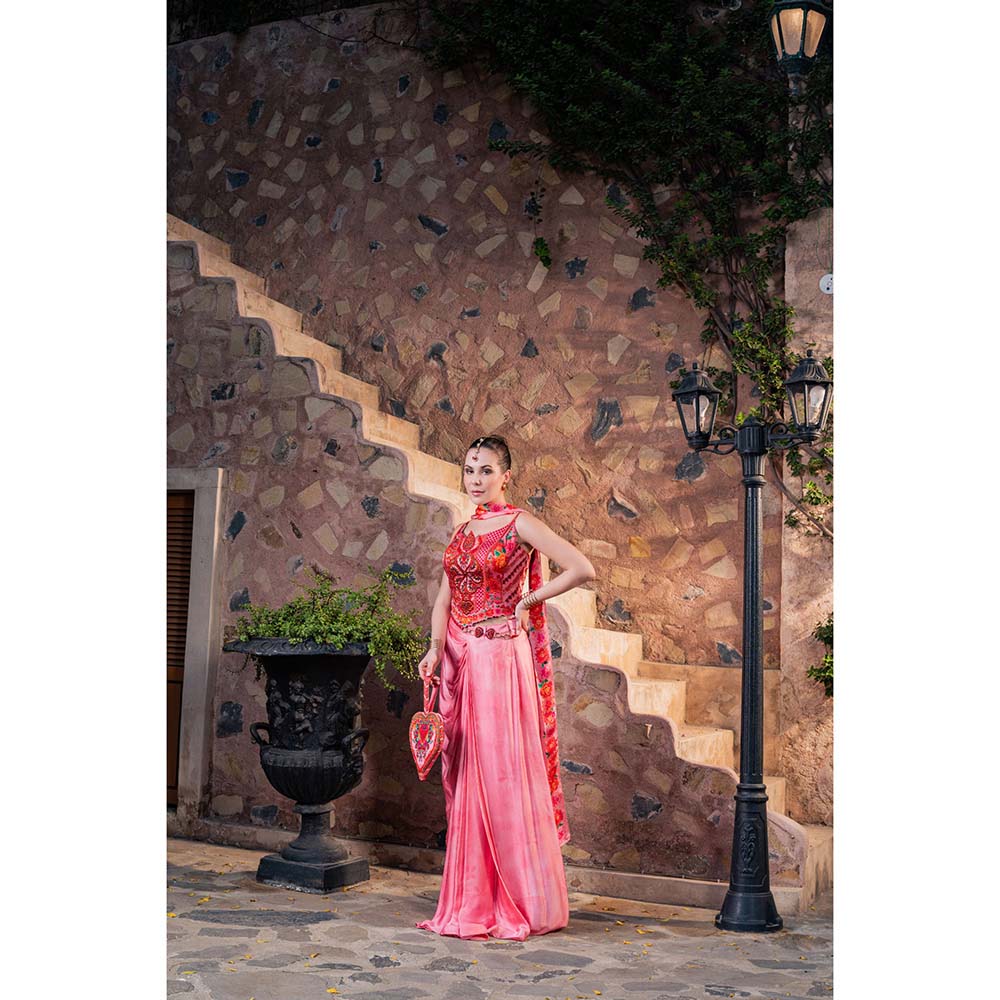 CHAR CHAAND Women Satin Printed Pink Top with Skirt and Dupatta Potli Bag