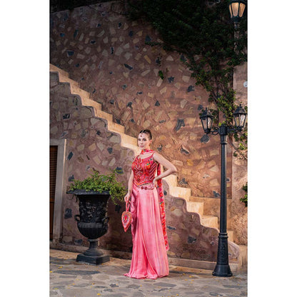 CHAR CHAAND Women Satin Printed Pink Top with Skirt and Dupatta Potli Bag
