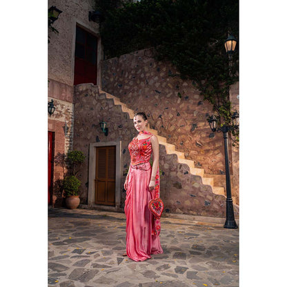 CHAR CHAAND Women Satin Printed Pink Top with Skirt and Dupatta Potli Bag