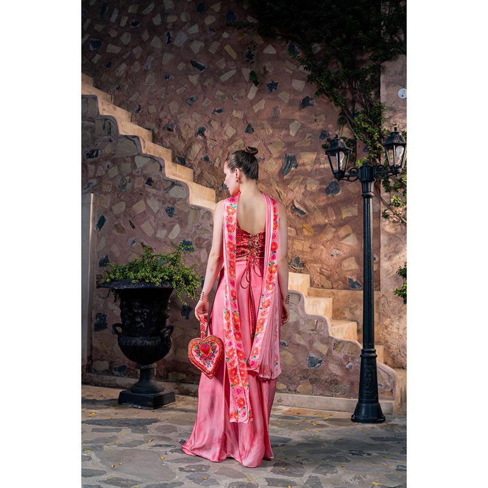 CHAR CHAAND Women Satin Printed Pink Top with Skirt and Dupatta Potli Bag