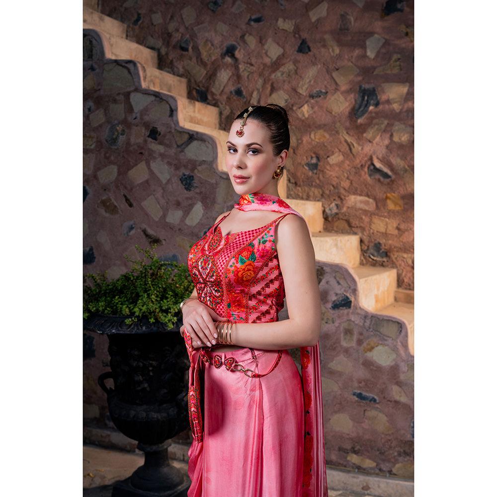 CHAR CHAAND Women Satin Printed Pink Top with Skirt and Dupatta Potli Bag