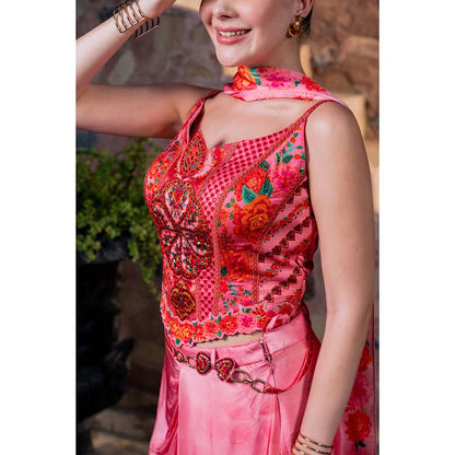 CHAR CHAAND Women Satin Printed Pink Top with Skirt and Dupatta Potli Bag