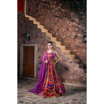 CHAR CHAAND Women Satin Printed Multi-Color Anarkali Dress with Dupatta