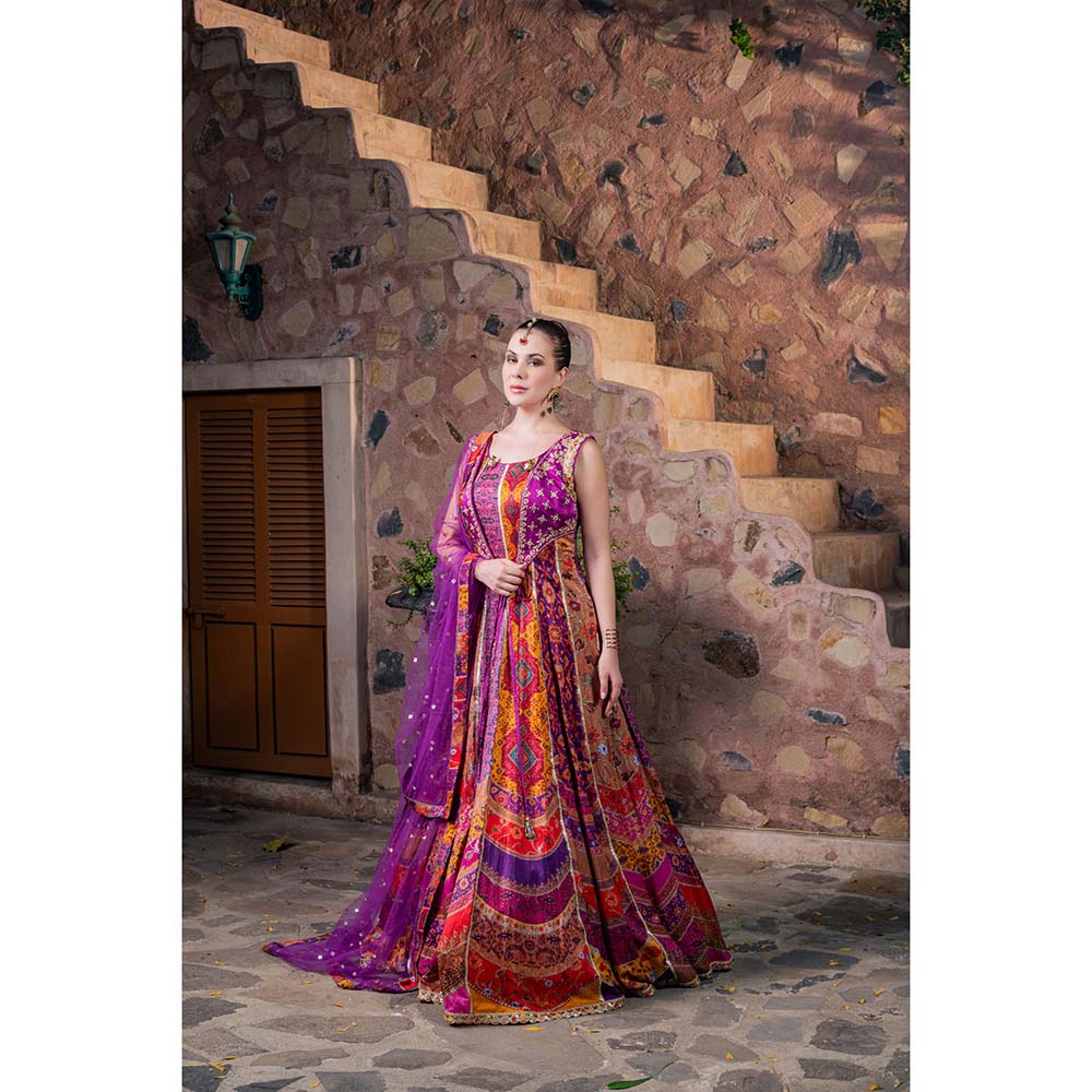 CHAR CHAAND Women Satin Printed Multi-Color Anarkali Dress with Dupatta