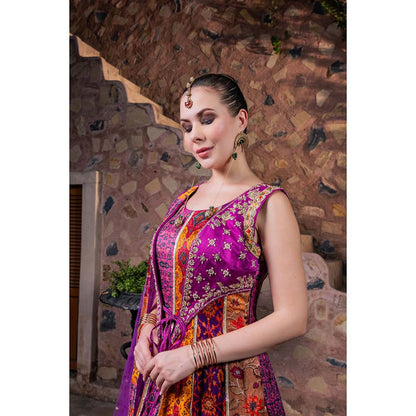 CHAR CHAAND Women Satin Printed Multi-Color Anarkali Dress with Dupatta