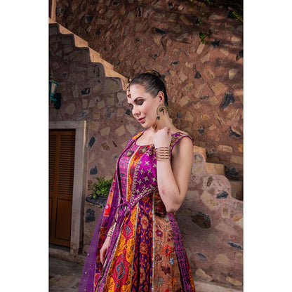 CHAR CHAAND Women Satin Printed Multi-Color Anarkali Dress with Dupatta