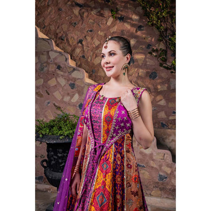 CHAR CHAAND Women Satin Printed Multi-Color Anarkali Dress with Dupatta
