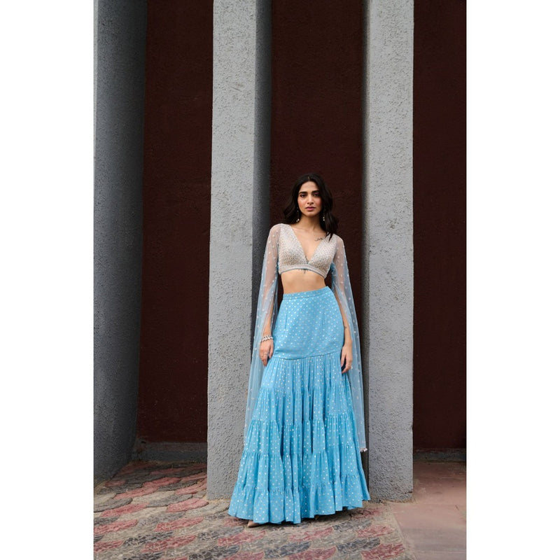 Chamee and Palak Blue Abha Skirt with Blouse (Set of 2)