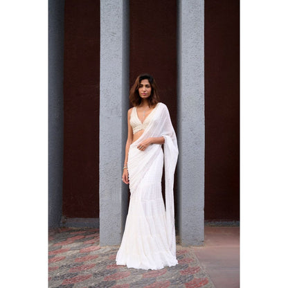 Chamee and Palak Ivory Anitya Pre-Draped Saree with Stitched Blouse