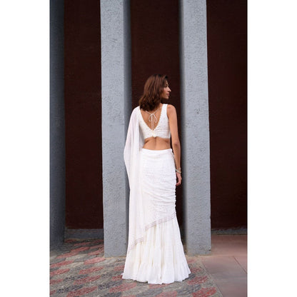 Chamee and Palak Ivory Anitya Pre-Draped Saree with Stitched Blouse