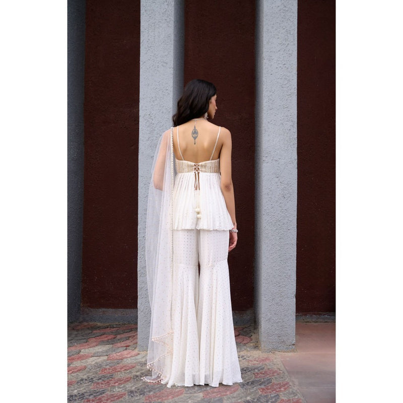 Chamee and Palak Ivory Nyra Sharara with Peplum Top and Dupatta (Set of 3)