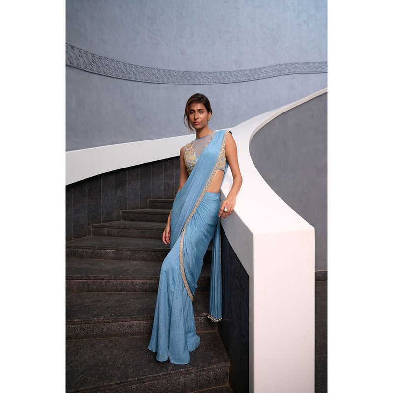 Chamee and Palak Blue Naz Pre-Draped Saree with Stitched Blouse
