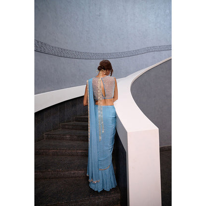 Chamee and Palak Blue Naz Pre-Draped Saree with Stitched Blouse