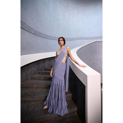 Chamee and Palak Grey Thea Pre-Draped Saree with Stitched Blouse