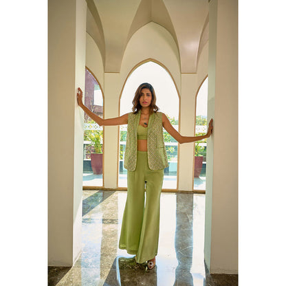 Chamee and Palak Nora Green Blazer with Bustier and Pant (Set of 3)