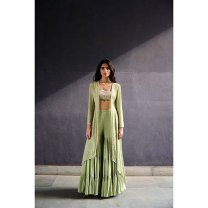 Chamee and Palak Mysa Jacket Olive Jacket with Bustier and Sharara (Set of 3)
