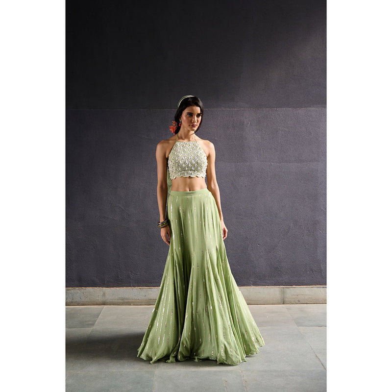 Chamee and Palak Olive Jasmine Lehenga with Blouse and Dupatta (Set of 3)