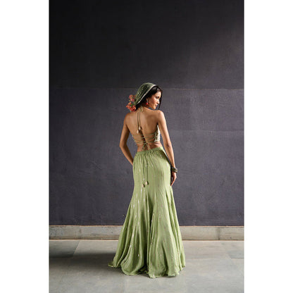 Chamee and Palak Olive Jasmine Lehenga with Blouse and Dupatta (Set of 3)