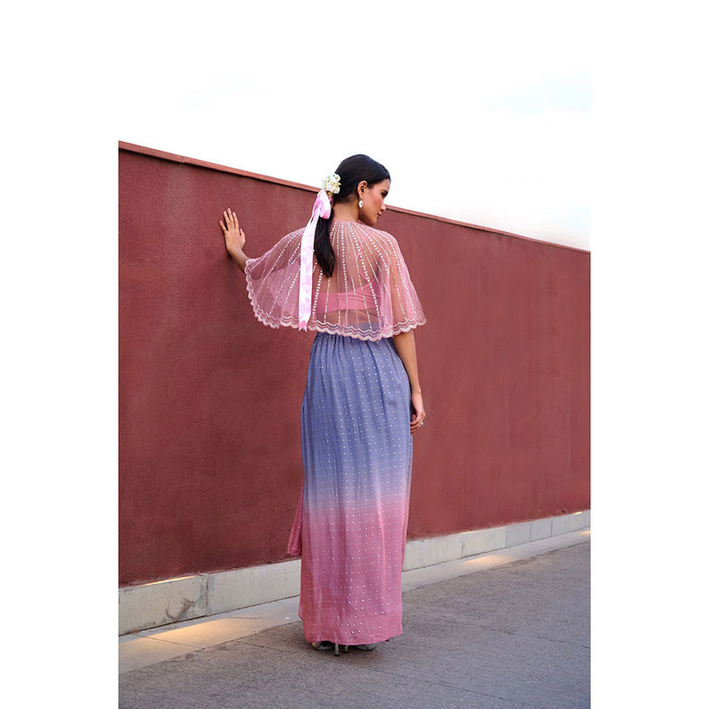 Chamee and Palak Pink Dia Drape Skirt with Blouse and Cape (Set of 3)