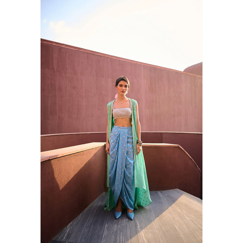 Chamee and Palak Blue Ryna Jacket with Blouse and Skirt (Set of 3)