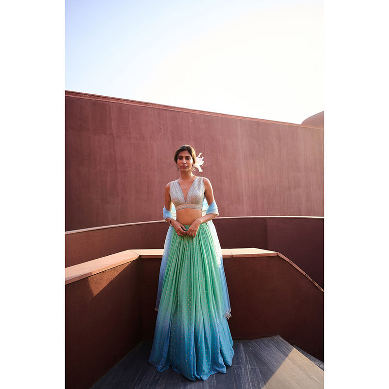 Chamee and Palak Blue Emma Blouse with Lehenga and Dupatta (Set of 3)