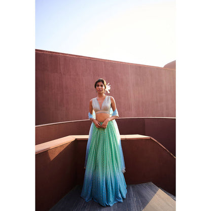 Chamee and Palak Blue Emma Blouse with Lehenga and Dupatta (Set of 3)