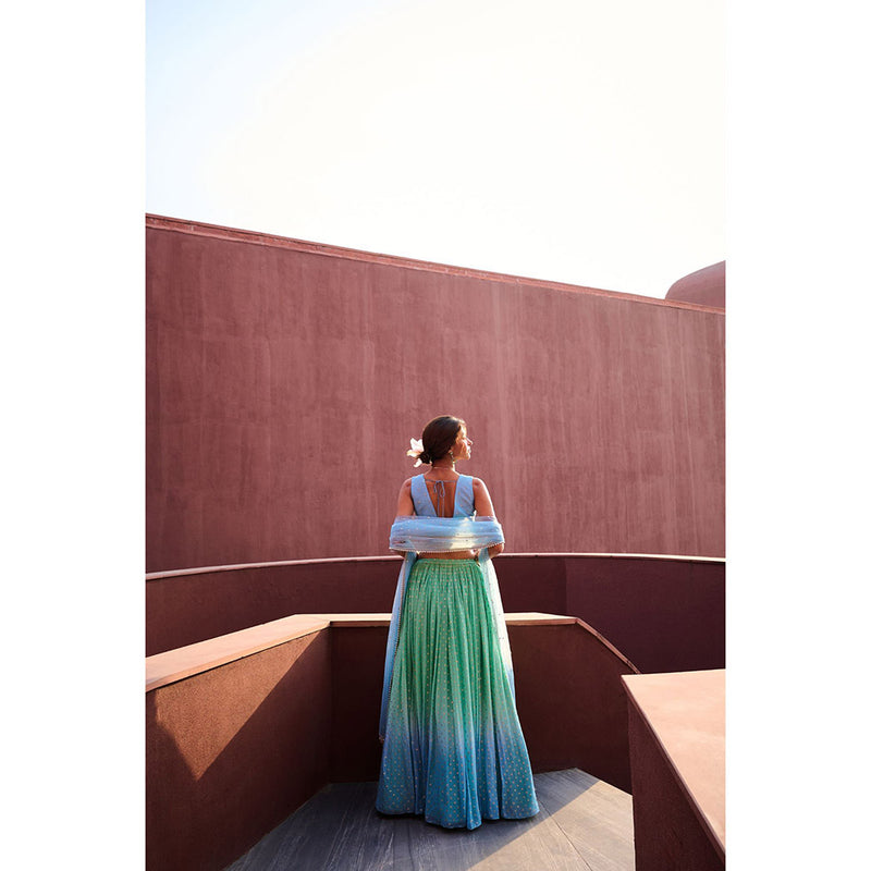 Chamee and Palak Blue Emma Blouse with Lehenga and Dupatta (Set of 3)